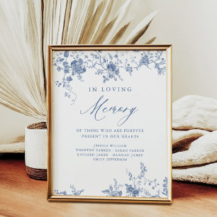 Póster Chinoiserie Boda Floral Azul Rótulo de memoria de 