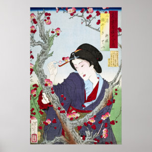 Póster Chinoiserie Dama Japonesa y Flor de Cerezo Roja