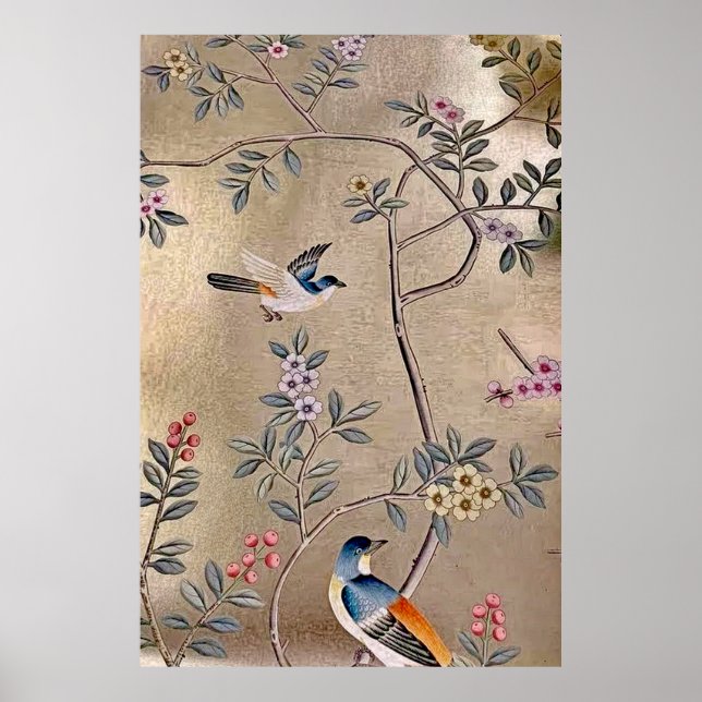 Póster Chinoiserie del Metallic Golden Garden con pájaros (Frente)