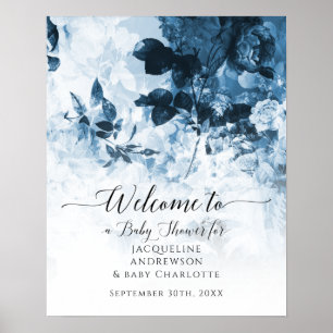 Póster Chinoiserie Floral Blue White Bienvenidos a Baby S