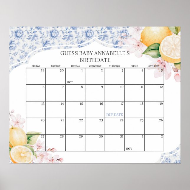 Póster Chinoiserie Lemon Tea Baby Shower Adivinar fecha v (Frente)