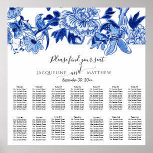 Póster Chinoiserie Navy Blue White Floral Seating Chart