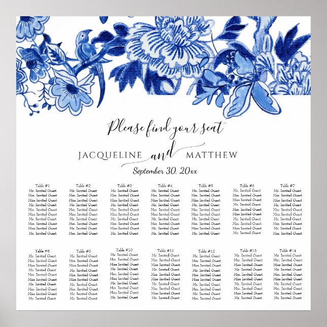 Póster Chinoiserie Navy Blue White Floral Seating Chart (Frente)