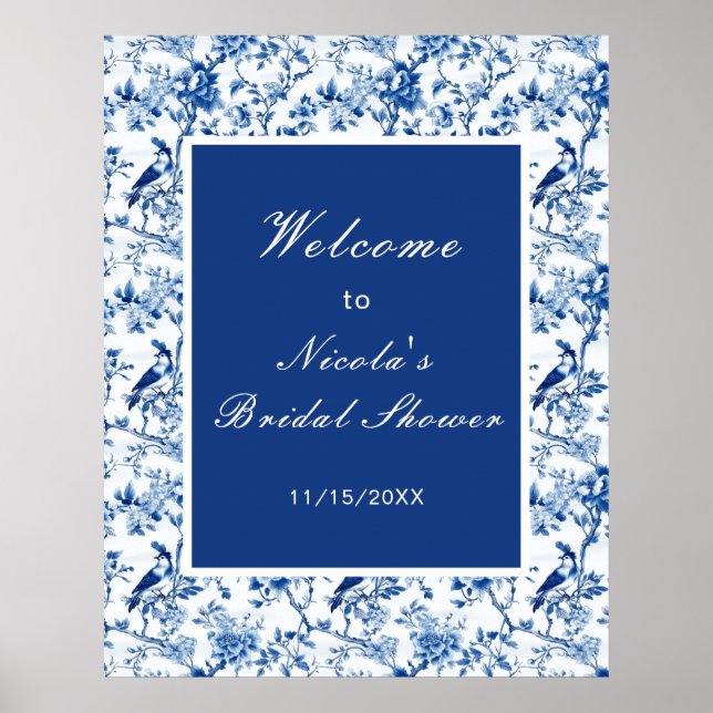 Póster Chinoiserie pájaros azules y flores para una despe (Frente)