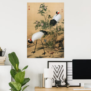 Póster Chinoiserie Vintage Grullas Coronadas Rojas y Rosa