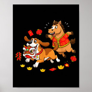 Póster Chinos Caballo Sabueso Niños Hombres Mujeres Feliz