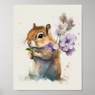 Póster Chipmunk Cute acuarela con flores