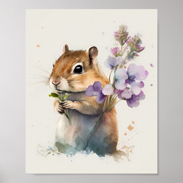Póster Chipmunk Cute acuarela con flores (Frente)