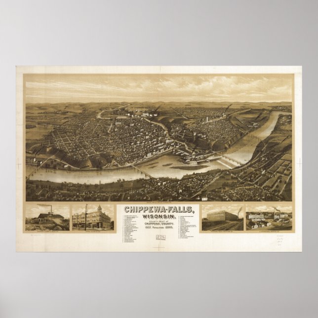 Póster Chippewa cae Mapa Panorámico de la Primera Guerra  (Frente)