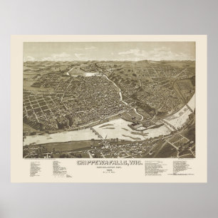 Póster Chippewa Falls, mapa panorámico de los WI - 1886