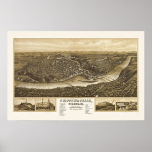 Póster Chippewa Falls, mapa panorámico de los WI - 1907