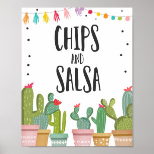 Póster Chips y Salsa Fiesta Rótulo de mesa de cactus