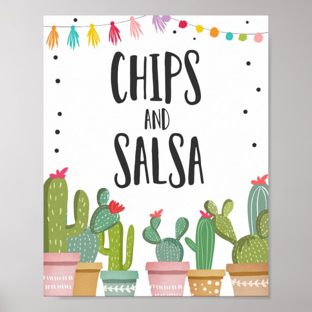 Póster Chips y Salsa Fiesta Rótulo de mesa de cactus (Frente)