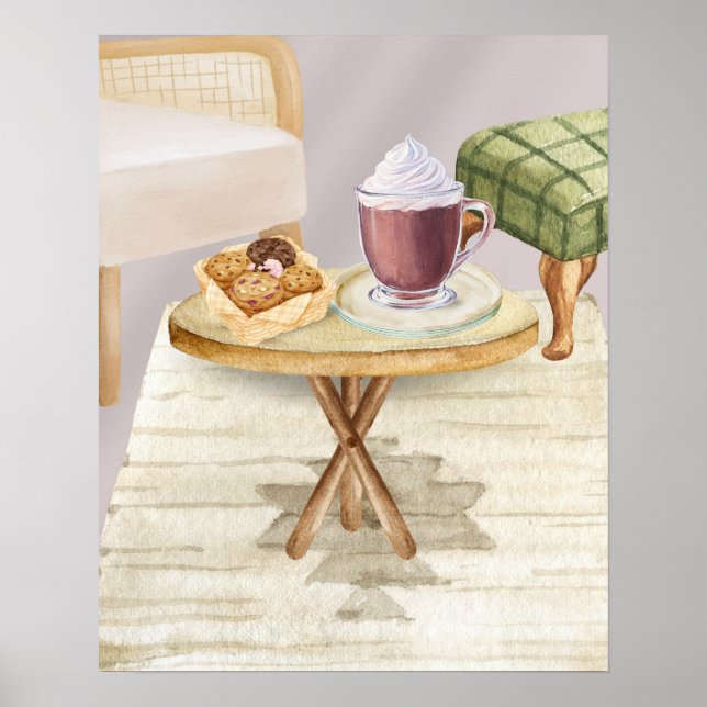 Póster Chocolate caliente acogedor y galletas en una mesa (Frente)