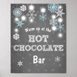 Póster Chocolate caliente Bar Rótulo Copos de nieve azule