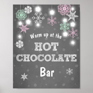 Póster Chocolate caliente Bar Rótulo Copos de nieve rosad
