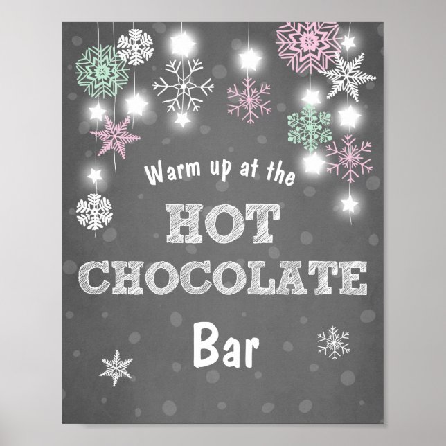 Póster Chocolate caliente Bar Rótulo Copos de nieve rosad (Frente)