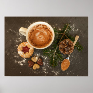 Póster Chocolate caliente muy lindo, galletas y dulces