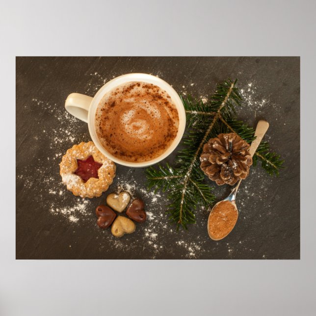 Póster Chocolate caliente muy lindo, galletas y dulces (Frente)