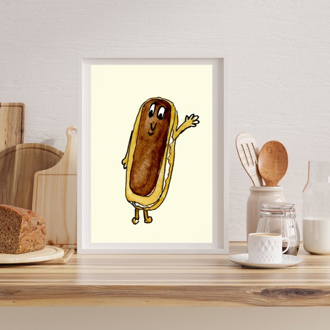 Póster Chocolate divertido Eclair Quirky Pastel Personali (Cute chocolate eclair cartoon art watercolor illustration quirky poster for cake and baking lovers)