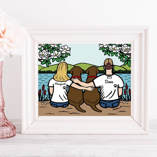Póster Chocolate personalizado: familia de labrador rubia (Personalized Family Portrait for Chocolate Labrador Owners.  Two Chocolate Labs and their Parents.)