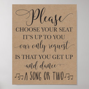 Póster Choose Your Seat and Dance Wedding Sign