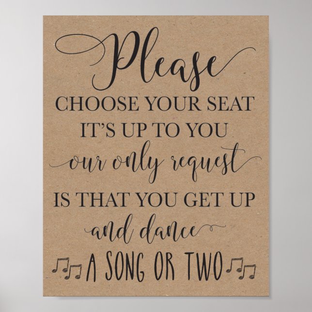 Póster Choose Your Seat and Dance Wedding Sign (Frente)