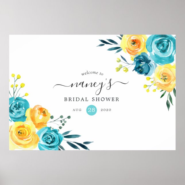 Póster Chorro de Boda Floral Turquesa y Amarillo (Frente)