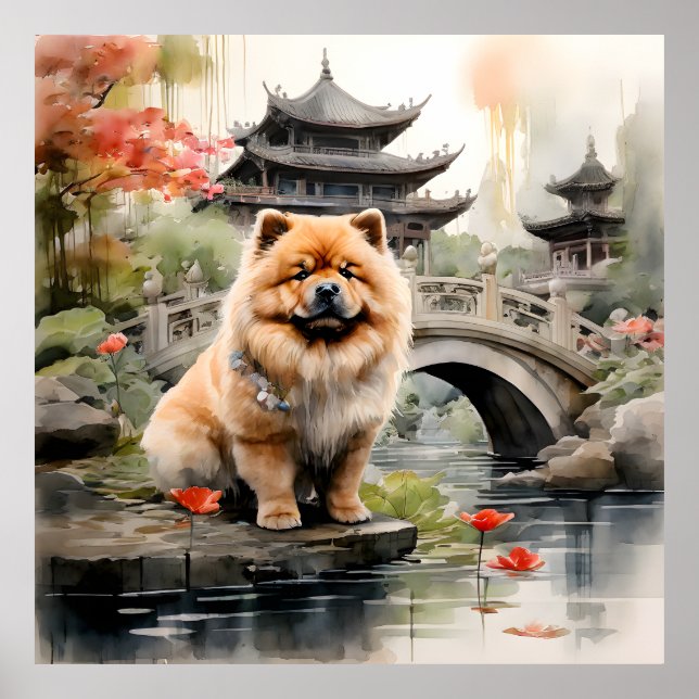 Póster Chow Chow explorando un jardín chino (Frente)