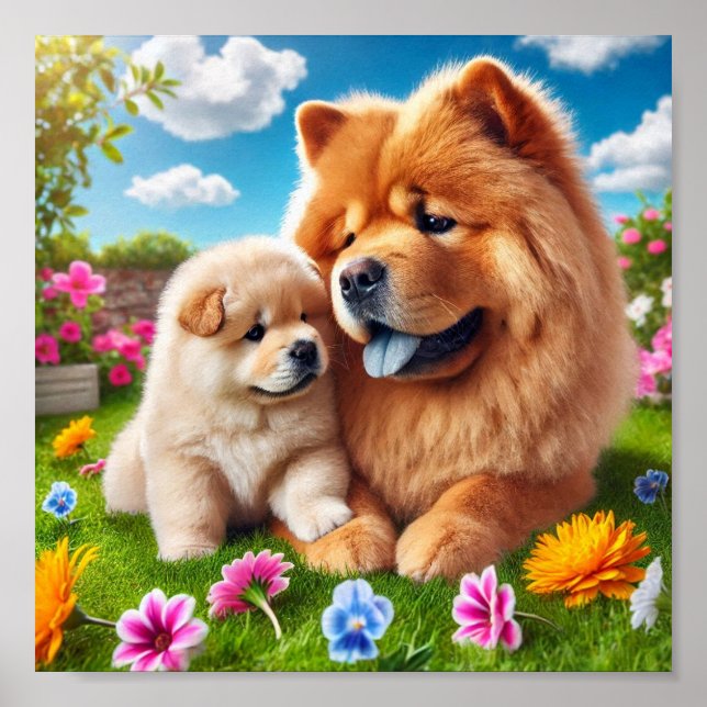 Póster Chow Chow mamá y su cachorro (Frente)