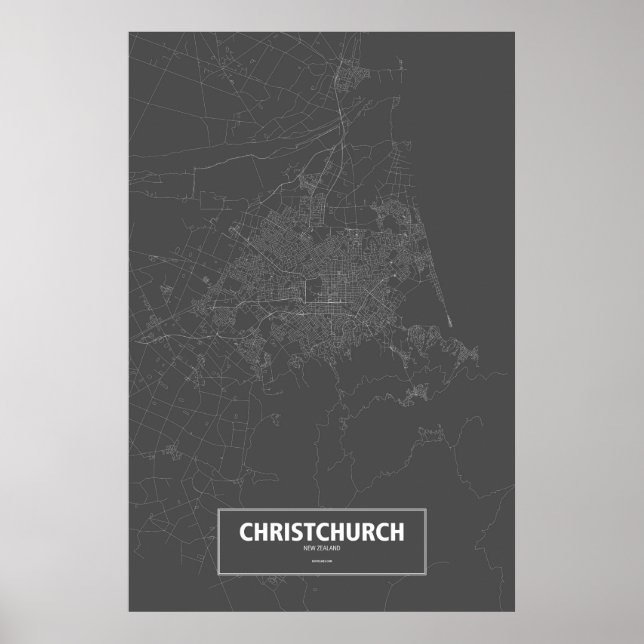 Póster Christchurch, Nueva Zelanda (blanco sobre negro) (Frente)