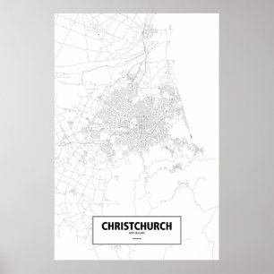 Póster Christchurch, Nueva Zelanda (negro sobre blanco)