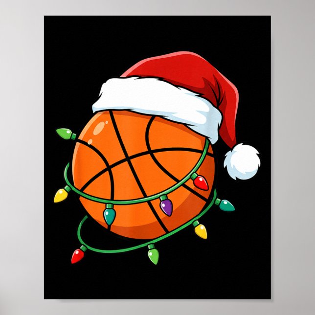 Póster Christmas Basketball Santa Hat Wrapped In Lights H (Frente)