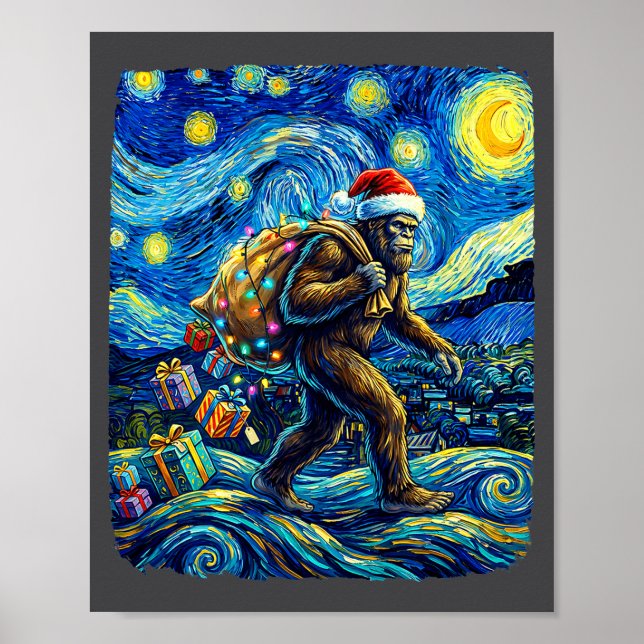 Póster Christmas Bigfoot Santa Hat Van Gogh Starry Night  (Frente)