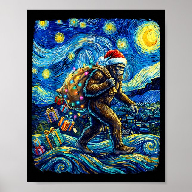 Póster Christmas Bigfoot Santa Hat Van Gogh Starry Night  (Frente)