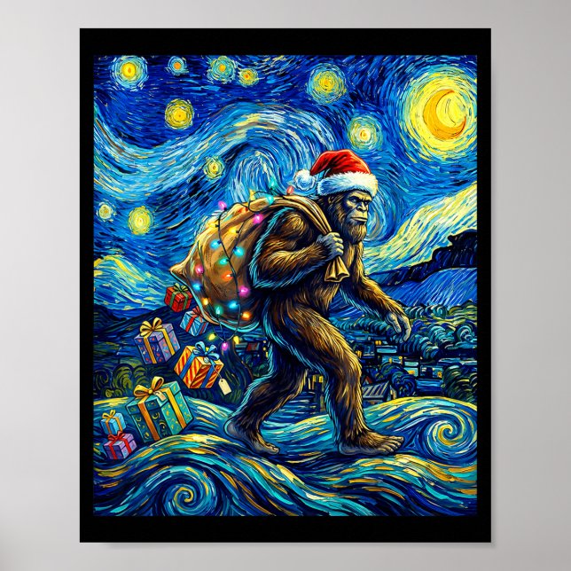 Póster Christmas Bigfoot Santa Hat Van Gogh Walking In St (Frente)
