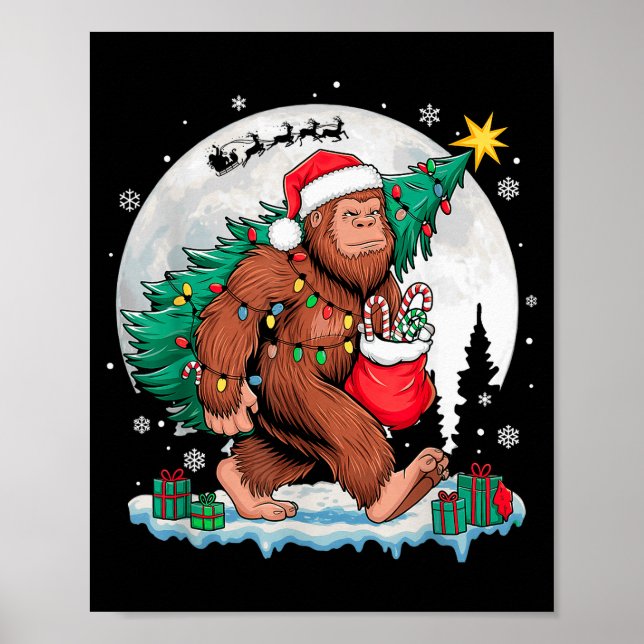 Póster Christmas Bigfoot Santa Tree Sleigh Moon Funny Xma (Frente)