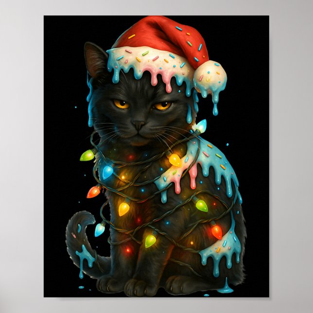 Póster Christmas Black Cat Ice Cream Drip Santa Hat Cute  (Frente)