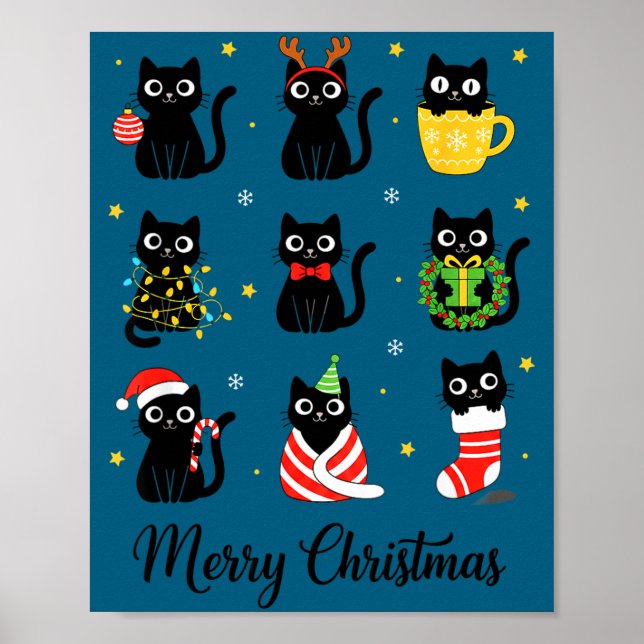 Póster Christmas Black Cats Merry Christmas Cute Holiday  (Frente)