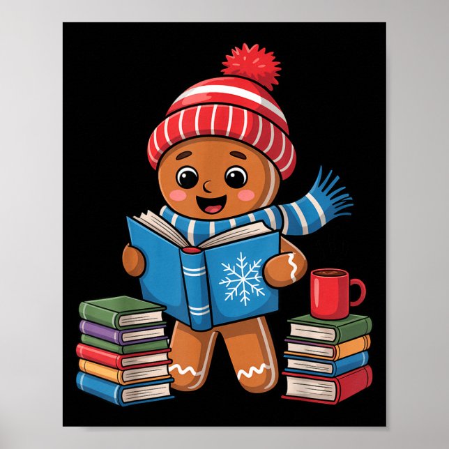 Póster Christmas Bookworm Gingerbread Reading Books Funny (Frente)