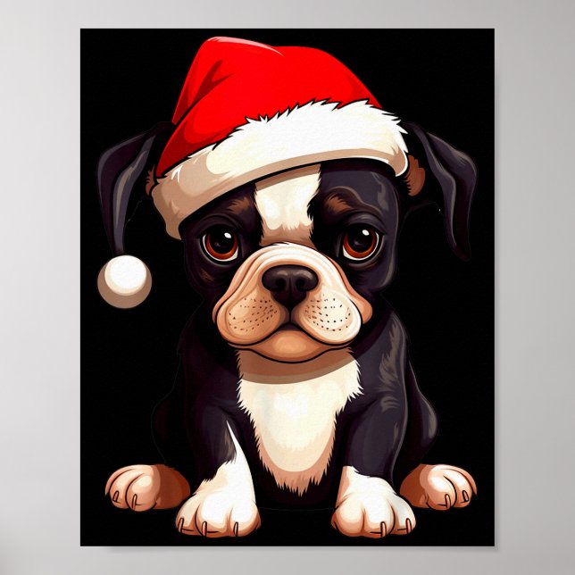 Póster Christmas Boston Terrier Dog Santa Hat Funny Xmas  (Frente)