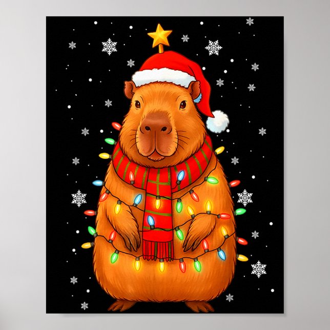 Póster Christmas Capybara With Santa Hat Xmas Lights Tree (Frente)
