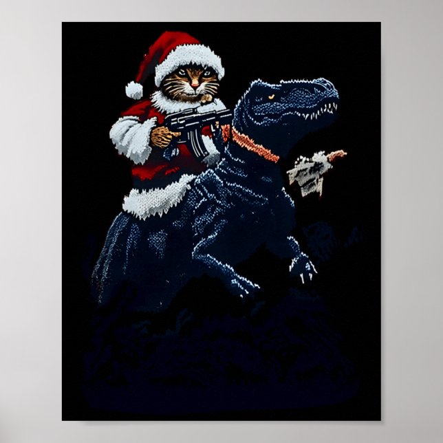 Póster Christmas Cat In Santa Hat Holding A Gun And Dinos (Frente)