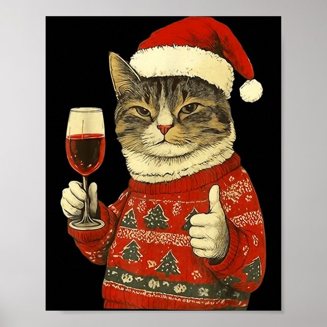 Póster Christmas Cat Likes Cute Cat Drinking Wine With Sa (Frente)