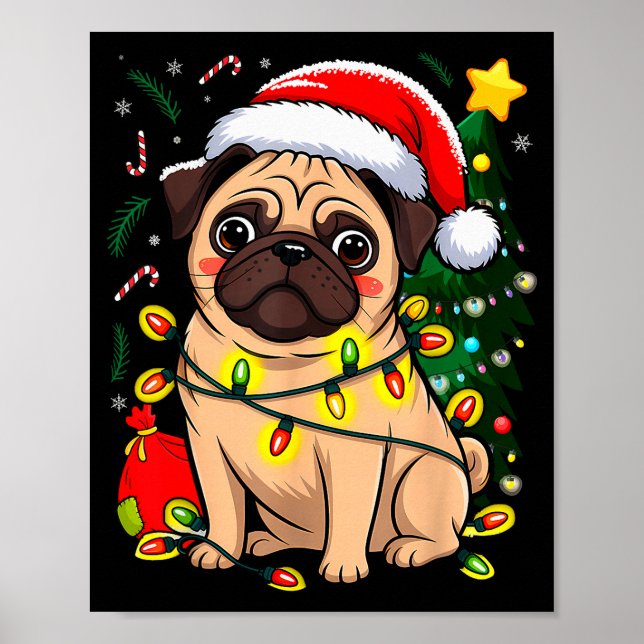 Póster Christmas Dog Santa Clause Pug Puppy X-mas  (Frente)