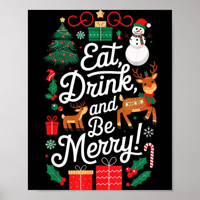 Póster Christmas Eat Drink Be Merry Xmas Santa Reindeer S (Frente)