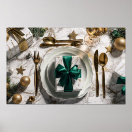 Póster Christmas Gift Box with Green Ribbon on Festive Ta