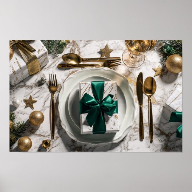 Póster Christmas Gift Box with Green Ribbon on Festive Ta (Frente)