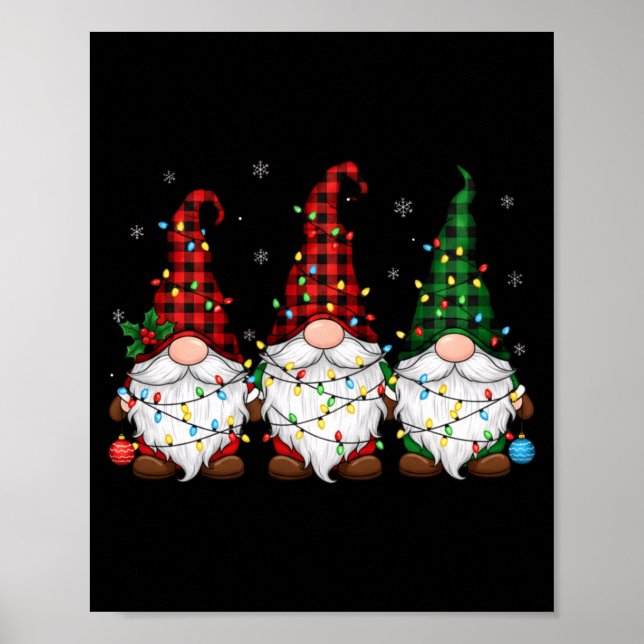 Póster Christmas Gnome Trio Buffalo Plaid Lights Cute Xma (Frente)