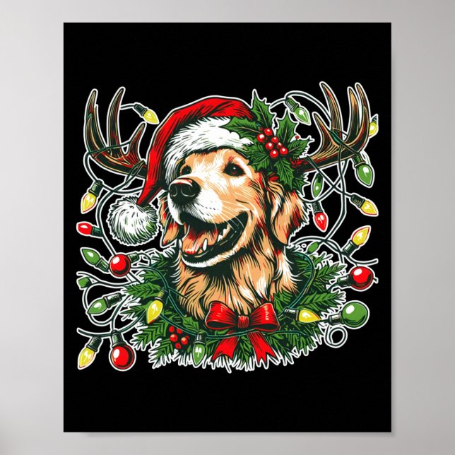 Póster Christmas Golden Retriever Antlers Santa Hat Long  (Frente)